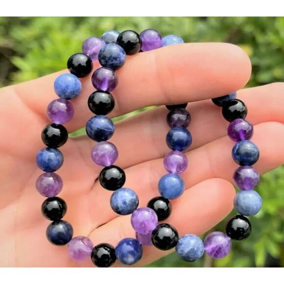 Amethyst, Black Obsidian & Sodalite Gemstone Bracelet – 8mm Round Beads - Picture 4 of 5